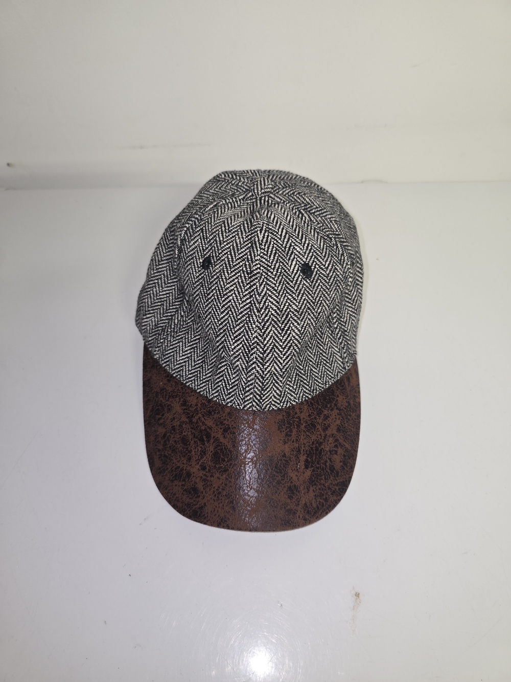 Herringbone Fabric Baseball Cap with Brown Faux-Leather Brim